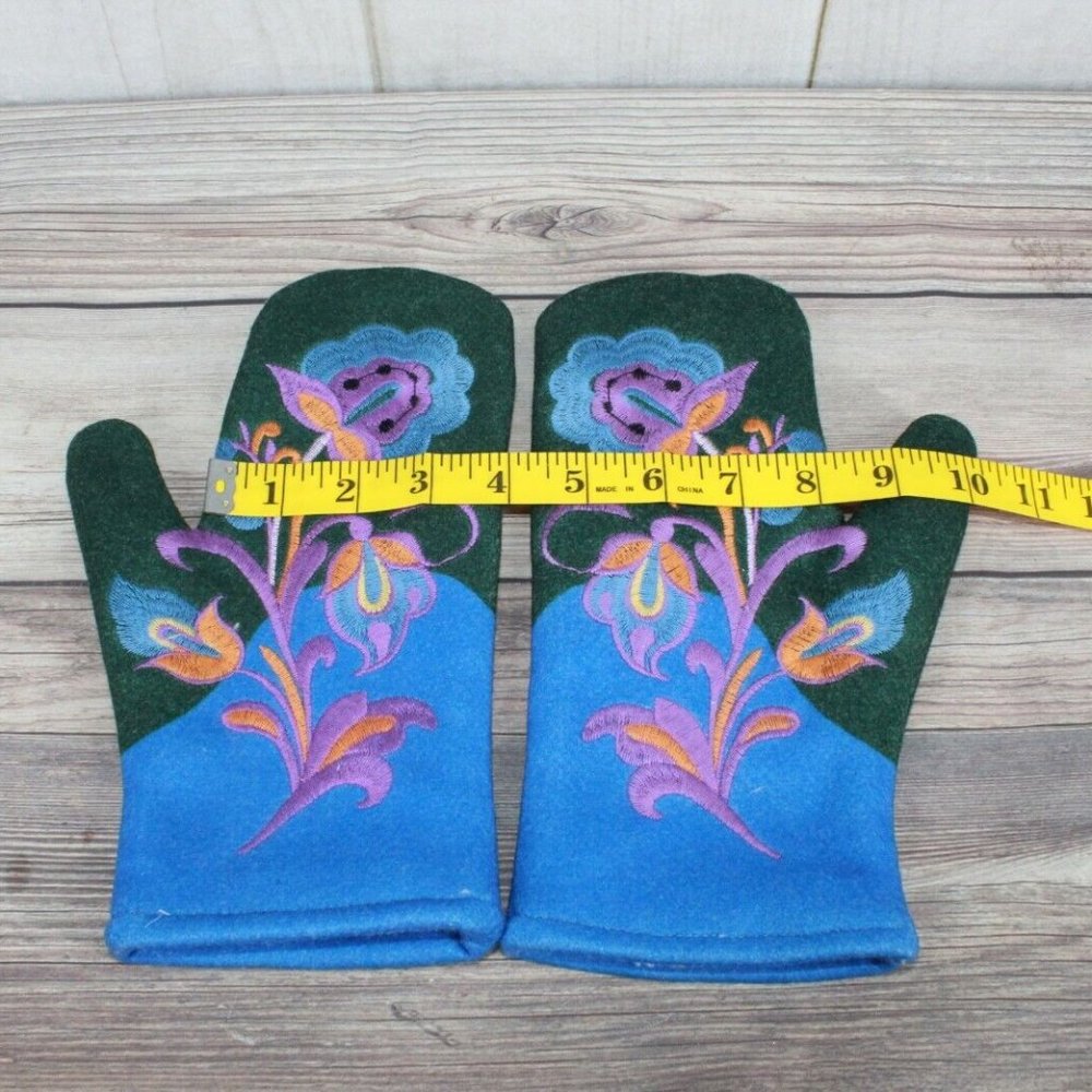 New! Blue Green Wool Floral Embroidered Faux Fur Lined Felt Mittens Size Large - Picture 7 of 10